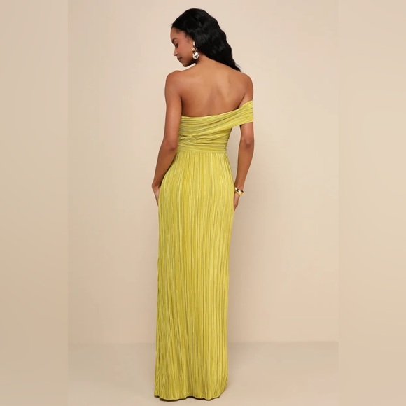 Lulu's Poised Performance Chartreuse Plisse One-Shoulder Maxi Dress - Picture 4 of 9